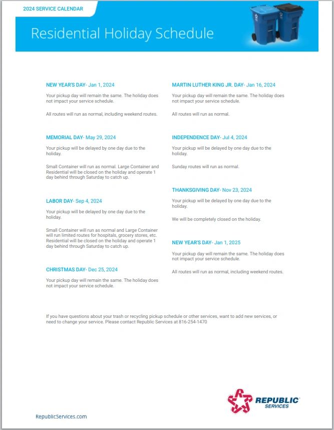 2024 Republic Service Schedule